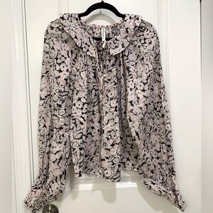 Anthropologie Pink Floral Ruffle Button Down V-Neck Peasant Blouse Size Medium